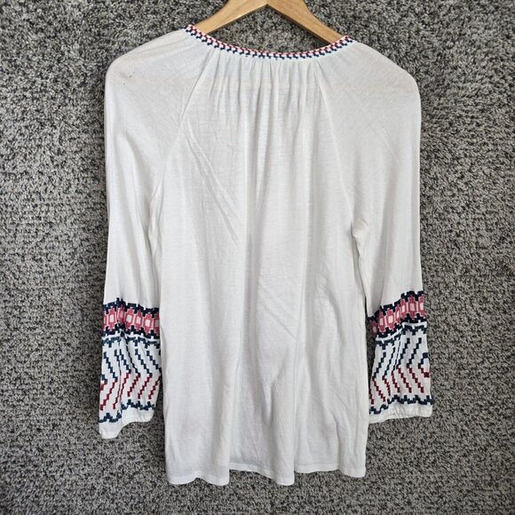 Lucky Brand Top Womens Small White Embroidered Boho Neck Tie Tee Casual Ladies - Picture 7 of 8